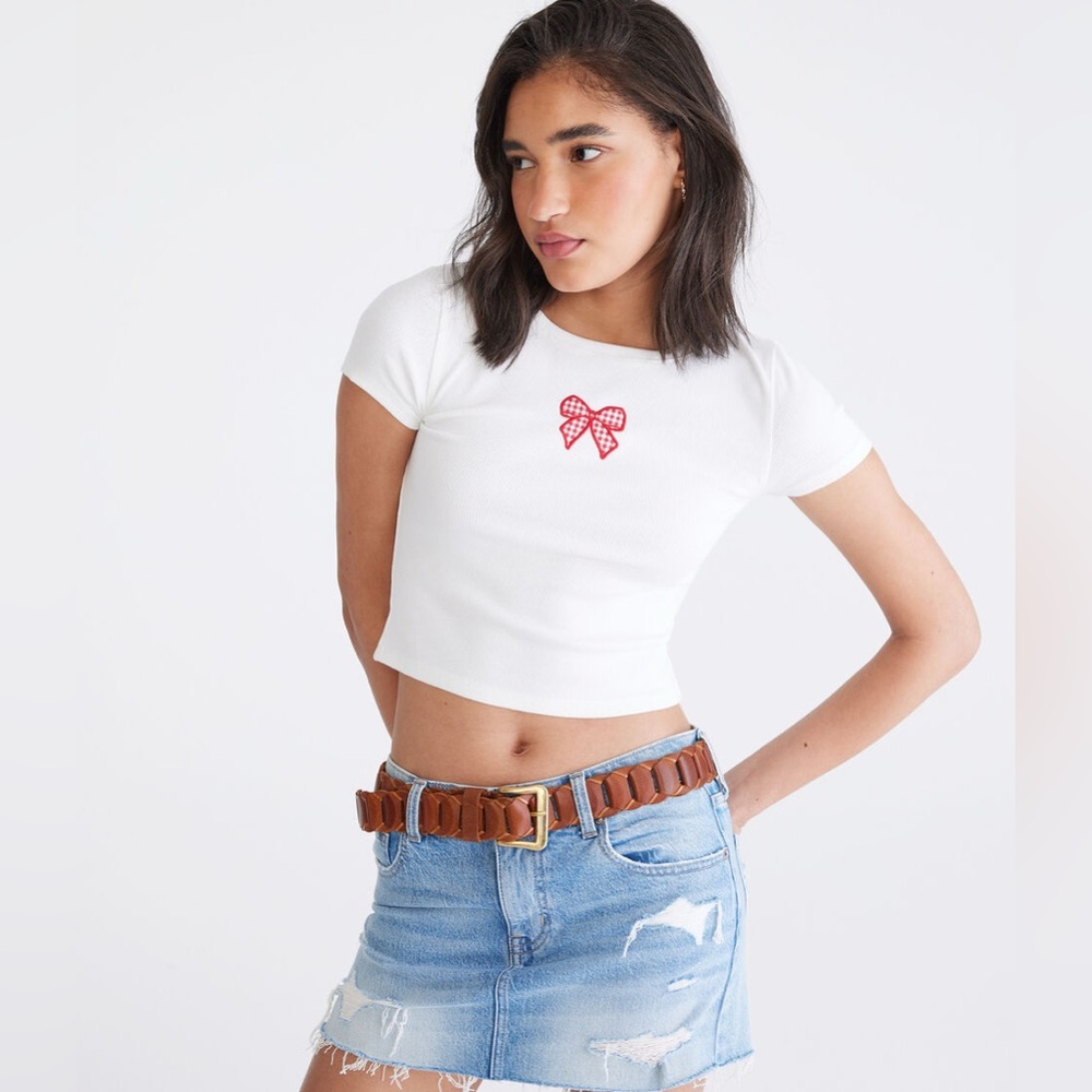 Aeropostale White Seriously Soft Gingham Bow Baby Tee Size XL